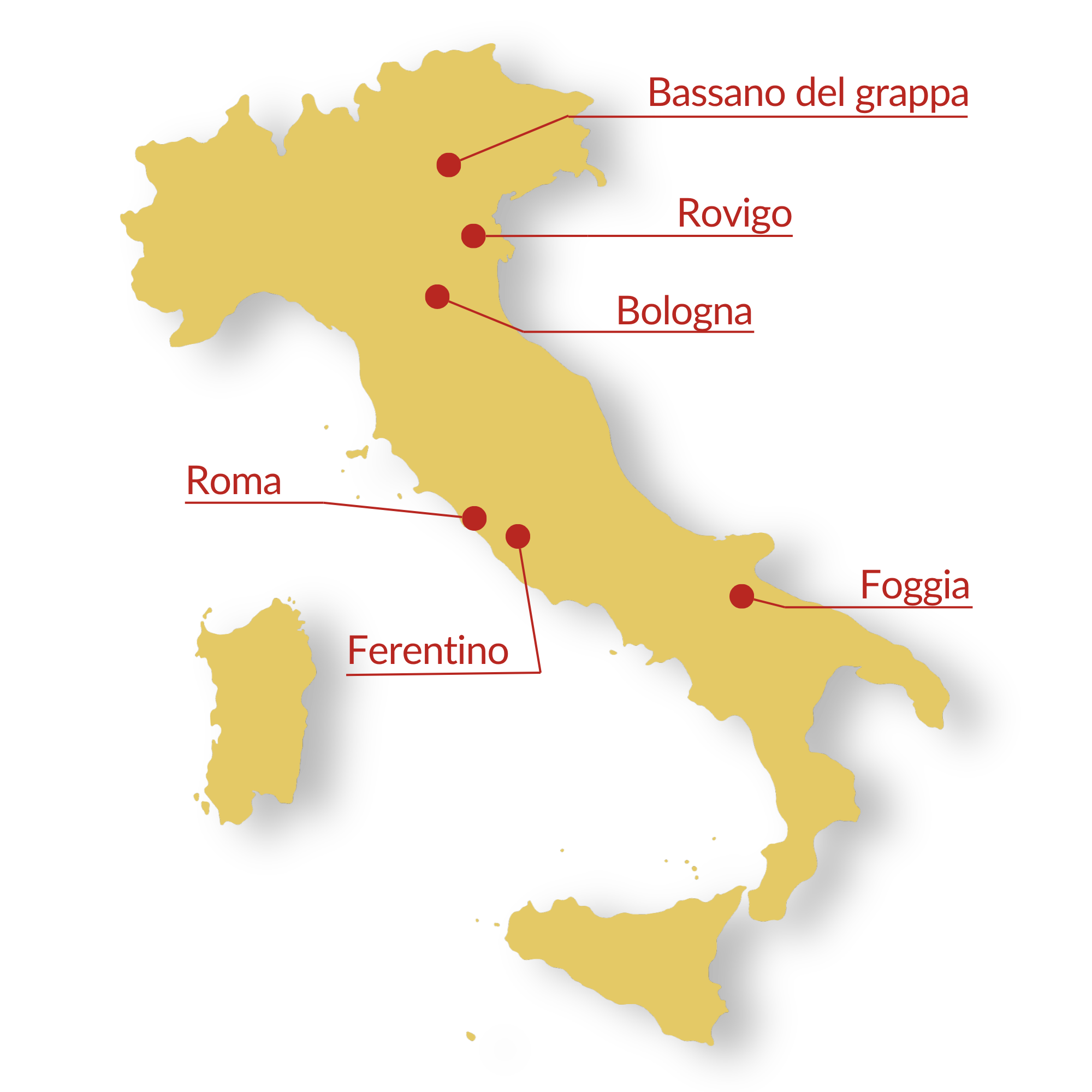 Map of Italy showing Pastificio Bolognese manufacturing centers and proprietary production hubs