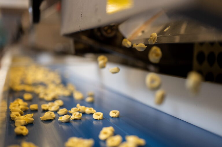 Tortellini pasta moving along the production line representing authentic Italian craftsmanship for the US market